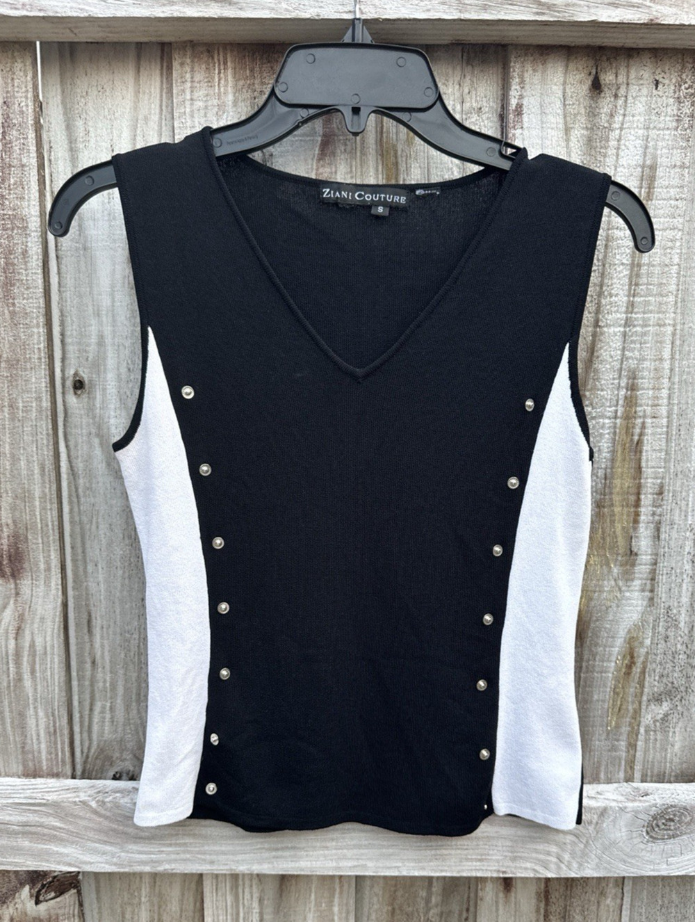 Ziani Couture Sleeveless V Neck Black/White Side Panels Silver Studs Edgy Chic S
